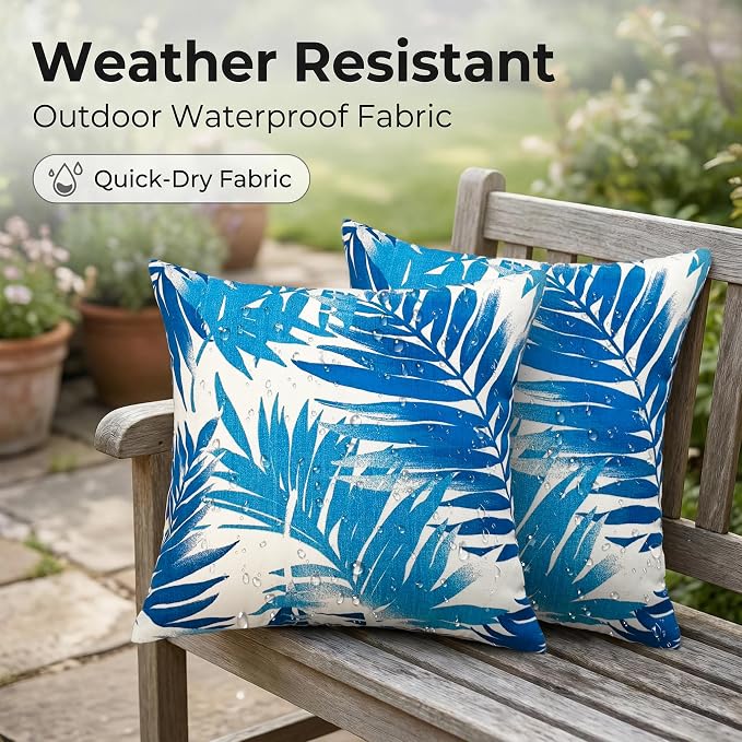 JMGBird Outdoor Pillows Waterproof 18x18 Throw Pillows with Inserts 2pcs | Blue Leaf Pattern UV Fade Resistant Patio Pillows