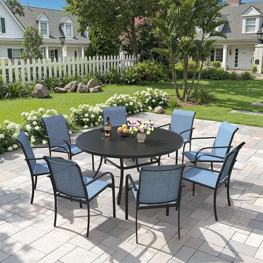 9 Pieces Patio Dining Set, 53" Round Dining Table with Umbrella Hole, 8 Stackable Textilene Fabric Chairs, Metal Structure for Patio, Porch, Garden(Black Table, Blue Chair)