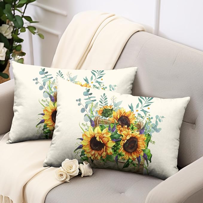 Sunflower Lumbar Pillow Covers Set of 2 Spring Summer Floral Rectangle Throw Pillow Covers 12x20 Flower Decorative Waist Pillowcase for Farmhouse Couch Outdoor