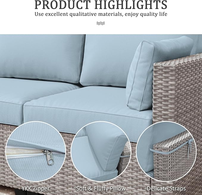 Outdoor Furniture Replacement Cushions, Waterproof Patio Furniture Cushions, 4" Deep Seat Outdoor Sectional Cushion for 3-Seat Outdoors Rattan Sofa Patio Sofa Cushion, Sky Blue