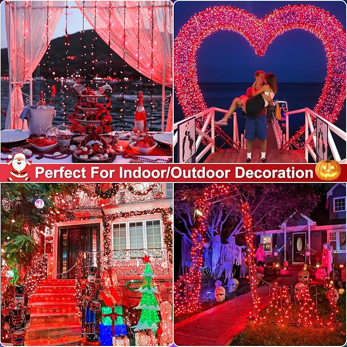 2 Pack Christmas Lights Outdoor, Total 200FT 600LED Christmas Tree Lights | Red, Waterproof 8 Modes Plug in Connectable String Lights for Outside Indoor Halloween Patio Garden Party Decorations