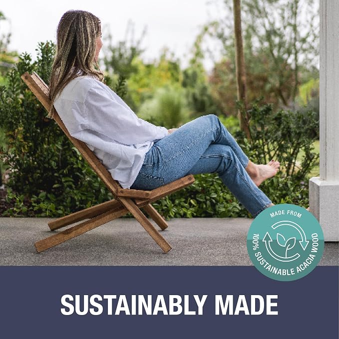 CleverMade Tamarack Folding Wooden Outdoor Chair -Stylish Low Profile Acacia Wood Lounge Chair for the Patio, Porch, Lawn, Garden or Home Furniture - Cinnamon
