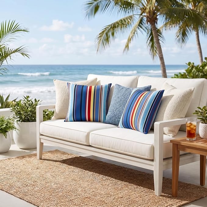 Pyonic Set of 2 Outdoor Pillow Covers 16x16 inch Waterproof Navy Nautical Striped Outdoor Pillow Covers Square Patio Pillows for Patio Tent Garden Beach