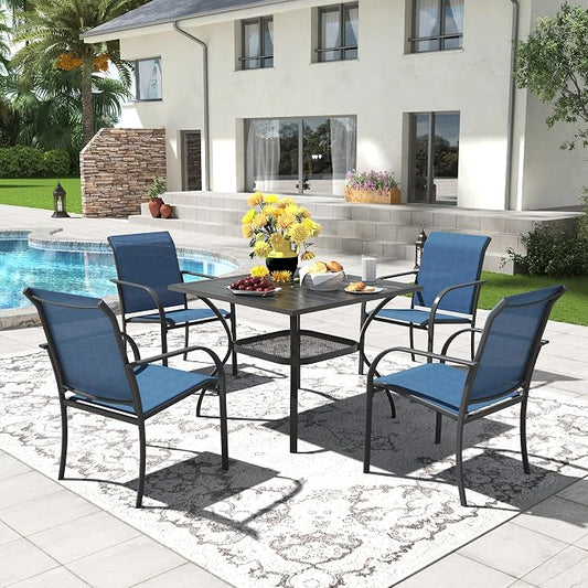 5 Pieces Patio Dining Set, 38" Square Dining Table with Umbrella Hole, 4 Stackable Textilene Fabric Chairs, Metal Structure for Patio, Porch, Garden(Black Table, Blue Chair)