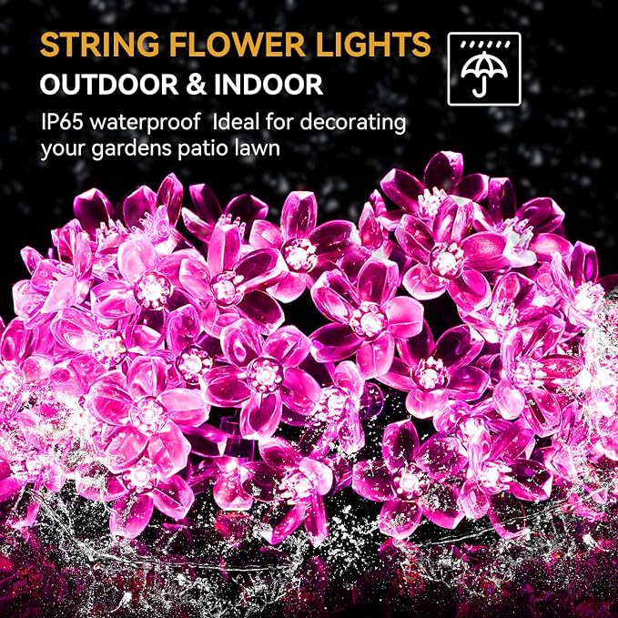 ITICdecor Solar String Flower Lights Outdoor Waterproof 50 LED Fairy Light Decorations for Garden Fence Patio Yard Christmas Tree, Lawn, Patio, Party Decoration (Pink)