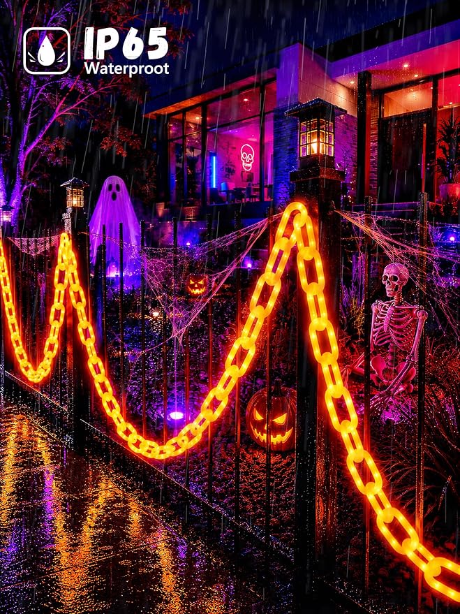 Battery Halloween Chain Lights, 10 FT 160 LED Orange Light-Up Plastic Timer | 8 Modes Battery Operated with Memory for Skeleton Dog, Yard Skeleton, Haunted House and Outdoor Decor Halloween Decorations