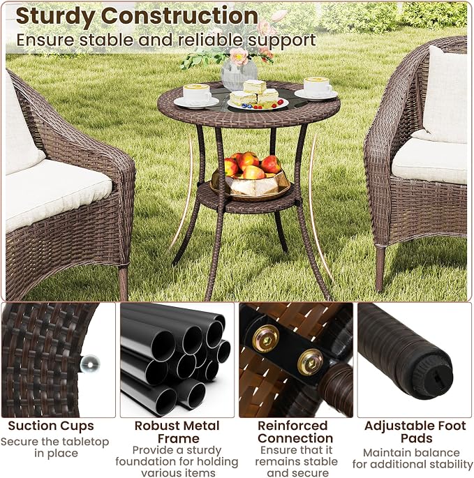 Tangkula 25.5" Wicker Patio Dining Table, Outdoor Round Bistro Side Table with Tempered Glass Top and Storage Shelf, for Balcony, Garden and Backyard