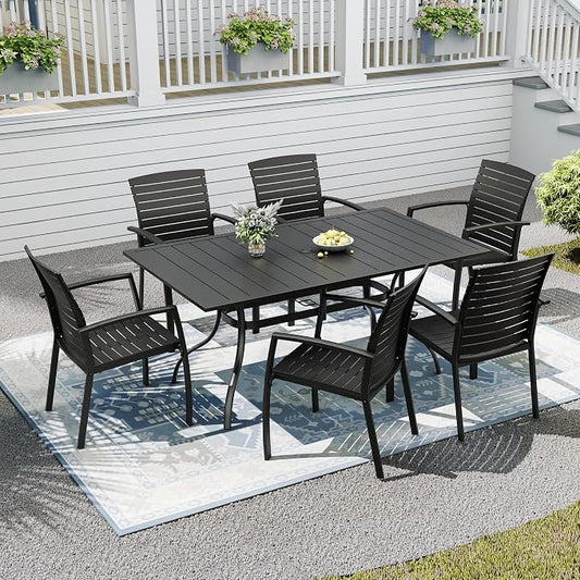 7-Piece Patio Furniture Set, 63" Outdoor Table and Aluminum Chairs | Rectangle Metal Patio Dining Table, 1.6" & 1.9" Umbrella Hole with Cover, Aluminum Frame Patio Chair, Resin Seat and Backrest