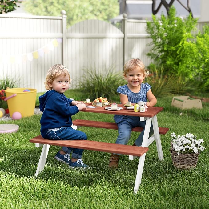 Outsunny Kids Picnic Table Set, Wooden Table & Bench Set, Kids Patio Furniture Outdoor Toys for Garden, Backyard, Aged 3-8 Years Old, Brown