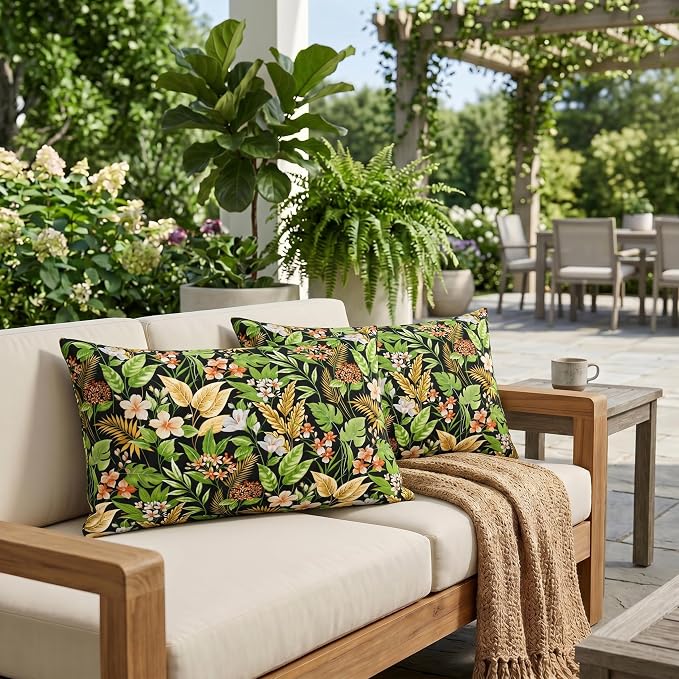 RSH DECOR: Lumbar Throw Pillows Set of 2 | 20” x 12" | All-Weather Spun Fabric | Outdoor Support Pillows for Patio Furniture | Made in USA (Carena Ebony)