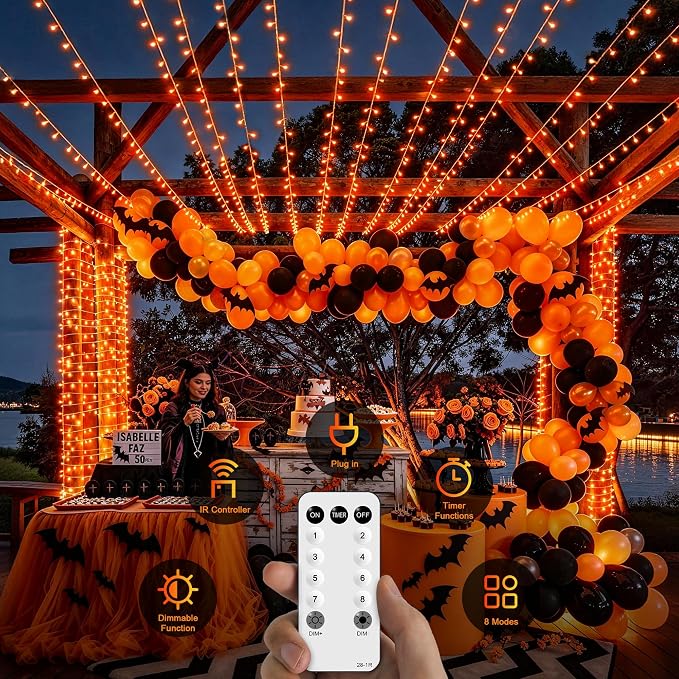 JMEXSUSS 1000 LED Orange Halloween String Lights Outdoor Indoor Plug in | 272 Ft Fall & Thanksgiving Day Lights Clear Wire, 8 Modes with Remote, Orange lights for Halloween Decor, Tree Patio Yards