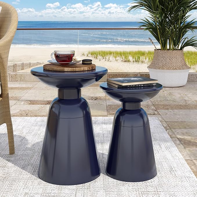 Set of 2 Outdoor Side Tables, Navy Blue