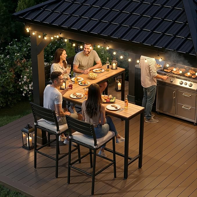 Crestlive Products Outdoor Bar Table, L-Shaped 55'' All-Weather Metal Frame with Slatted Tabletop, Patio Pub Counter Height High Top Table for Balcony, Backyard, Bistro, Garden, and Poolside, Brown