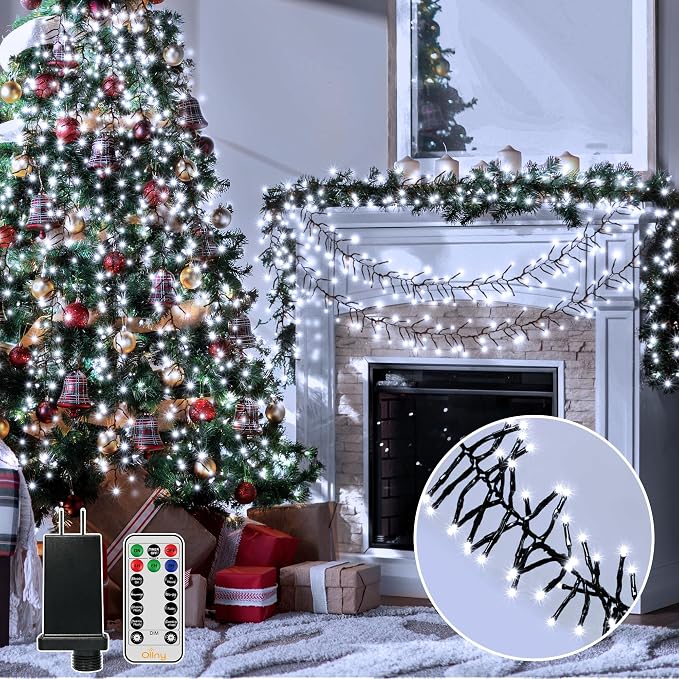 Ollny Cluster Lights Christmas 1000LED 49FT, Cool White Christmas Tree Lights 8 Modes Timer Remote, Waterproof String Lights for Outdoor Indoor Outside Garland Xmas Decorations