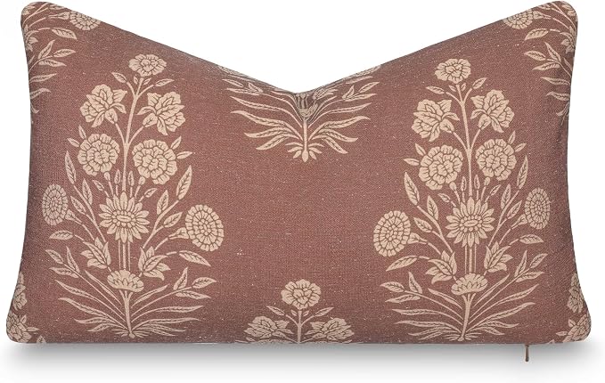 Modern Farmhouse California Casual Indoor Outdoor Lumbar Pillow Cover, 12"x20" Water Repellent for Patio, Backyard, Couch, Poolside, Cocoa Brown Tan Print Floral