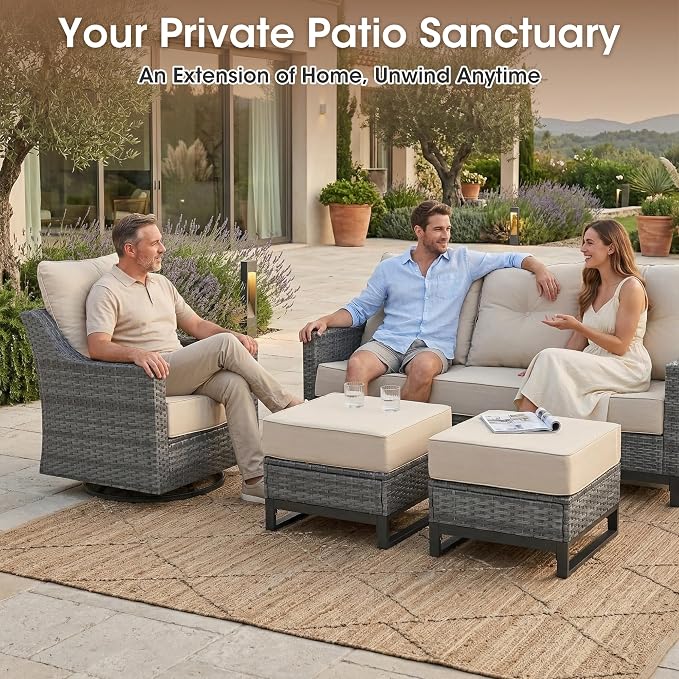14 Piece Patio Furniture Set, Grey Wicker Outdoor Conversation Set with 4 Swivel Rocker Chairs, 4 Ottomans, 2 Sofas and 4 Side Tables, 6-Inch Thick Cushions, Beige Covers for Porch, Deck