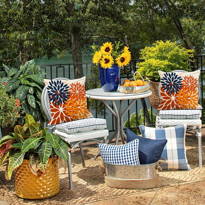 DFXSZ Pack of 2 Outdoor Waterproof Throw Pillow Covers 18x18 Blue Orange | Polyester Spring Summer Fall Floral Decorative Cushion Cases(NO INSERT),For Couch Patio Funiture Garden Home Decor