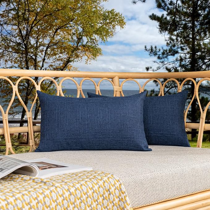 Kevin Textile Outdoor Waterproof 14”x24” Lumbar Pillow Covers 2 Pack, Blue | Water Resistant, Soft Faux Linen-cotton Yarn-dyed Woven Texture Throw Pillow Covers for Tent Patio Garden Couch Sofa