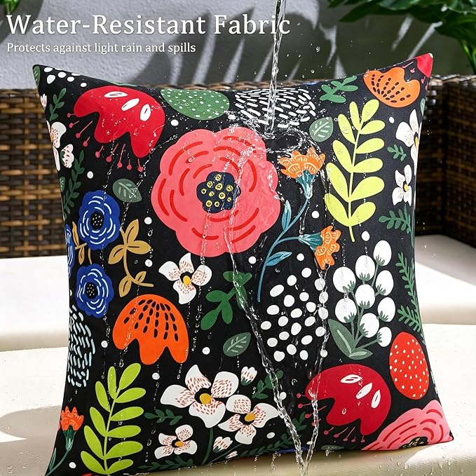 Pyonic Waterproof Outdoor Pillow Covers 18x18 Set of 2, Colorful Floral Decorative Cushion Covers for Patio Furniture, Garden, Balcony,Sunbrella，Boho Nordic Outdoor Indoor Home Decor，Black