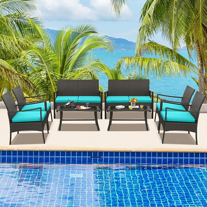 HAPPYGRILL 8 Pieces Patio Wicker Furniture Set PE Wicker Conversation Set, Rattan Sofa Chair with Cushions Tempered Glass Coffee Table, Outdoor Sectional Bistro Set for Poolside Backyard Lawn Garden