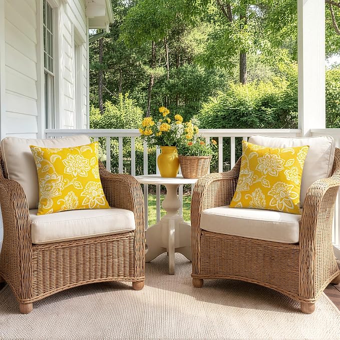 Decorative Outdoor Floral Pillow Covers Set of 2 18x18 Yellow | Waterproof Boho Farmhouse,Decorative Throw Pillow Covers,Summer Coastal Accent Pillowcases,Patio Furniture Garden Sofa