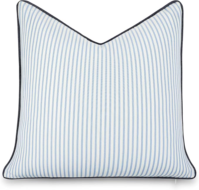 Hofdeco Premium Coastal Hampton Outdoor Performance Throw Pillow Cover Only, 20"x20" Water Repellent, UV and Fade Resistant for Backyard, Couch, Poolside, Azure Blue Indigo Woven Coastline Stripes