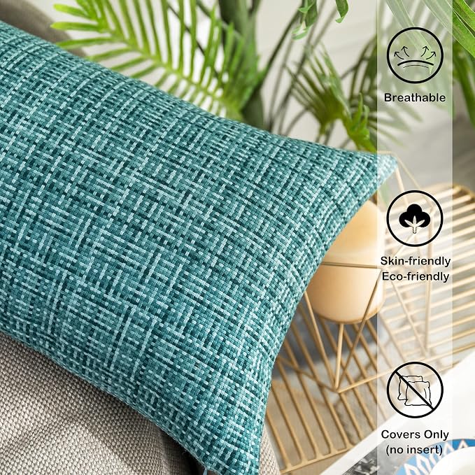 Kevin Textile Outdoor Waterproof 12"x20" Lumbar Pillow Covers 2 Pack, Teal | Water Resistant, Faux Linen Yarn-dyed, Woven Texture Throw Pillow Covers for Tent Patio Garden Couch Sofa