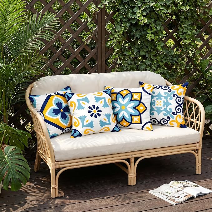 Outdoor Waterproof Throw Pillow Covers 18x18 Set of 4, Blue Yellow Morden Geometric Pattern Decorative Pillow Cover, Boho Farmhouse Cushion Cases for Summer Patio Funiture Garden Bench Couch