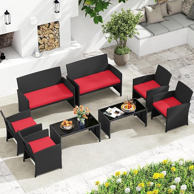 HAPPYGRILL 4 Piece Rattan Wicker Patio Conversation Set, Outdoor Furniture with Chair Loveseat Table & Cushion, for Backyard Porch Balcony (2, Black & Red)