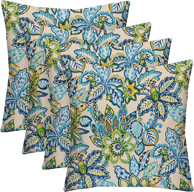 RSH DECOR: Square Throw Pillows Set of 4 | 17” x 17” | All-Weather Spun Fabric | Water and Fade-Resistant | Outdoor Accent Pillows for Patio Furniture | Copeland Caribe Blue Floral