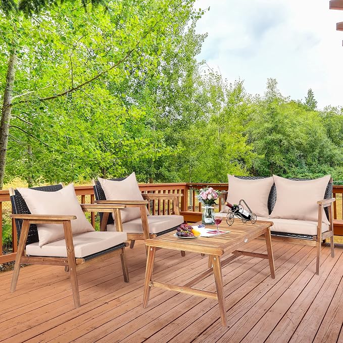 HAPPYGRILL 4 Piece Outdoor Rattan Sofa Set Acacia Wood Frame Conversation Set with Coffee Table, Modern Style for Backyard, Patio, Garden, Poolside, Balcony