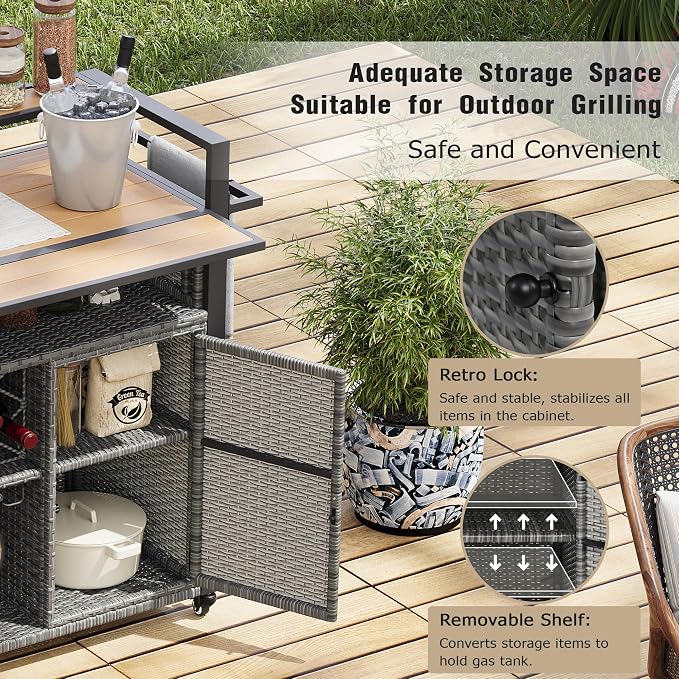 52.8" W Wicker Outdoor Bar Cart Table with Extended Plastic Wood Table Top, Outdoor Grill Cart with Large Storage Cabinet, for Patio Backyard Garden Poolside, Double Handle Design, Grey