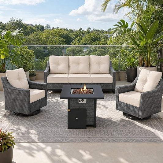 5 Pieces Patio Furniture Set, Weather-Resistant Wicker Swivel Rocker with Soft Cushions & Side Table,All Weather Outside Furniture with Ottoman for Porch, Garden, Backyard