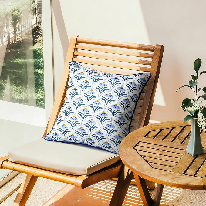 Outdoor Pillow Covers 18x18 Inch, Water-Resistant Decorative Pillow Covers Pack of 2, Floral Throw Pillow Case for Patio Furniture Tent Garden, Blue Bloom with Blue Edge, Cover ONLY