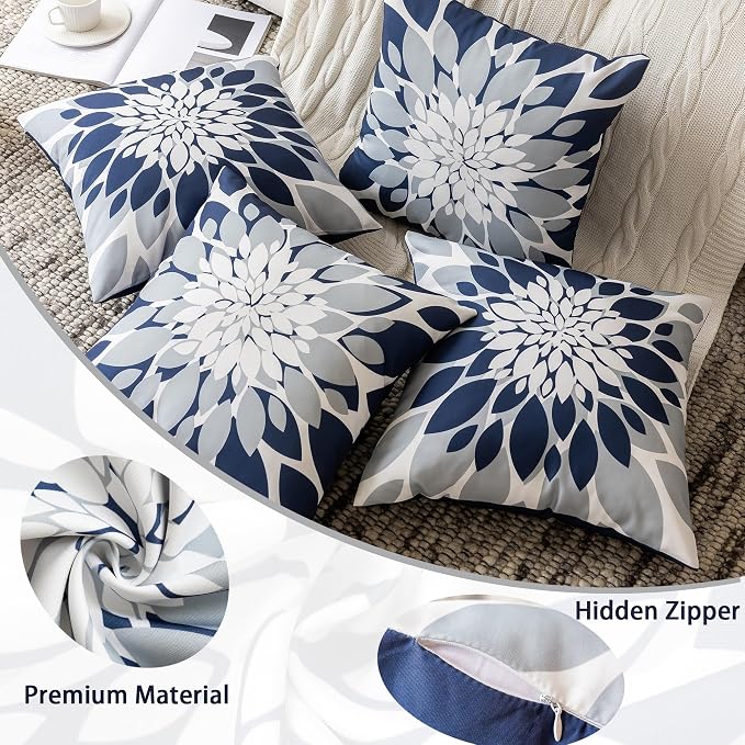 Pack of 4 Outdoor Waterproof Pillow Covers 24x24 Decorative Outdoor Throw Pillows Garden Square Cushion Cases for Patio Furniture, Couch, Tent Sunbrella, Bench, Navy Blue Grey