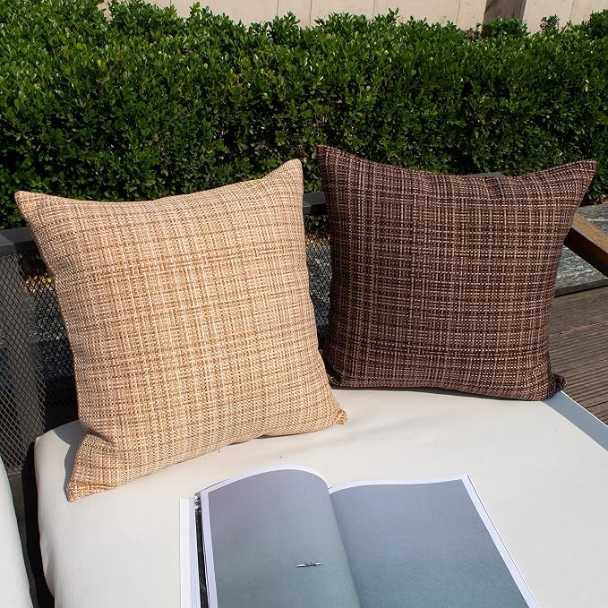 Kevin Textile Outdoor Waterproof 20x20 Inch Pillow Covers 2 Pack, Beige | Water Resistant, Faux Linen Yarn-dyed, Woven Texture Throw Pillow Covers for Tent Patio Garden Couch Sofa