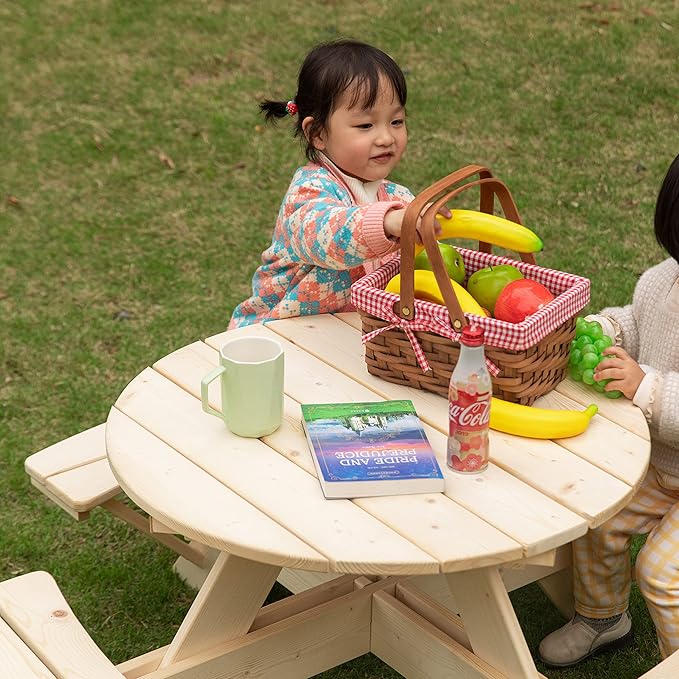 Gardenised Wooden Kids Round Picnic Table Bench, Outdoor Children's Backyard Table, Crafting, Dining, and Playtime Patio Table