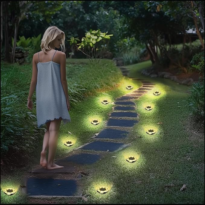 INCX 16Pack Solar Ground Lights Outdoor, 8 LED, IP65 Waterproof, Warm White | 600mAh Ni-MH battery, 8-10h runtime, stainless steel, ABS and PP body, solar garden lights for pathways, lawns and driveways