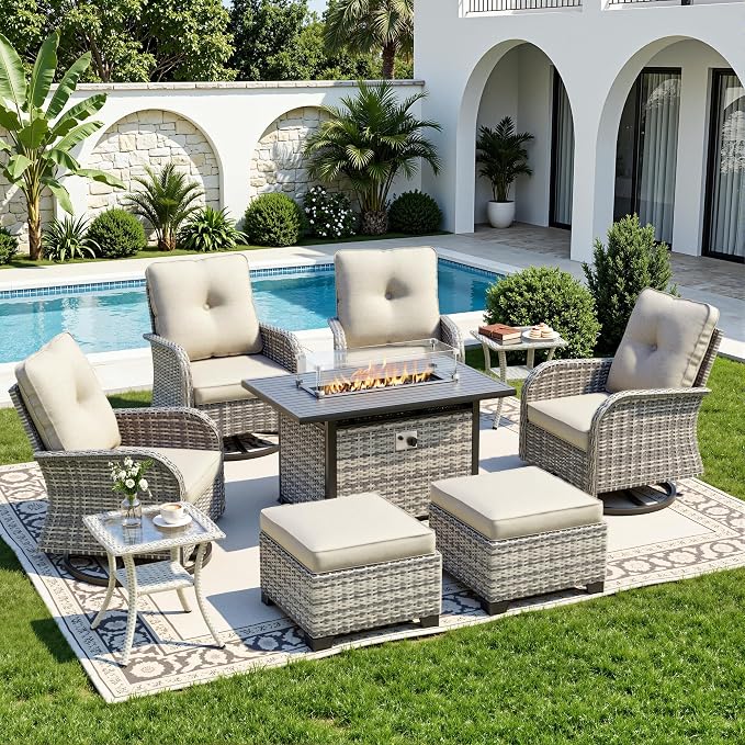 9-Piece Small Patio Furniture Set, Outdoor Swivel Rocking Chairs Set with 55,000 BTU Fire Pit Table Wicker Chairs and Ottomans, Patio Bistro Set for Balcony, Deck, Porch, Ivory