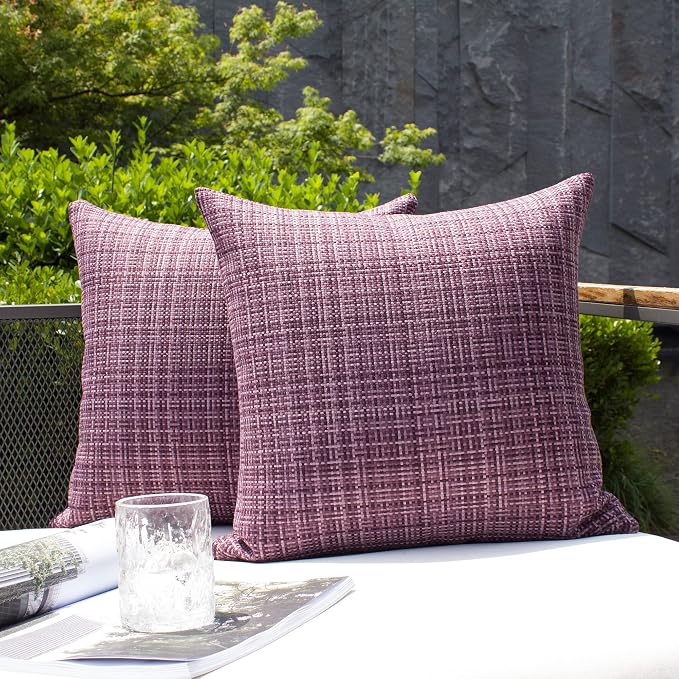 Kevin Textile Outdoor Waterproof 26x26 Inch Pillow Covers 2 Pack, Violet | Water Resistant, Faux Linen Yarn-dyed, Woven Texture Euro Throw Pillow Covers for Tent Patio Garden Couch Sofa