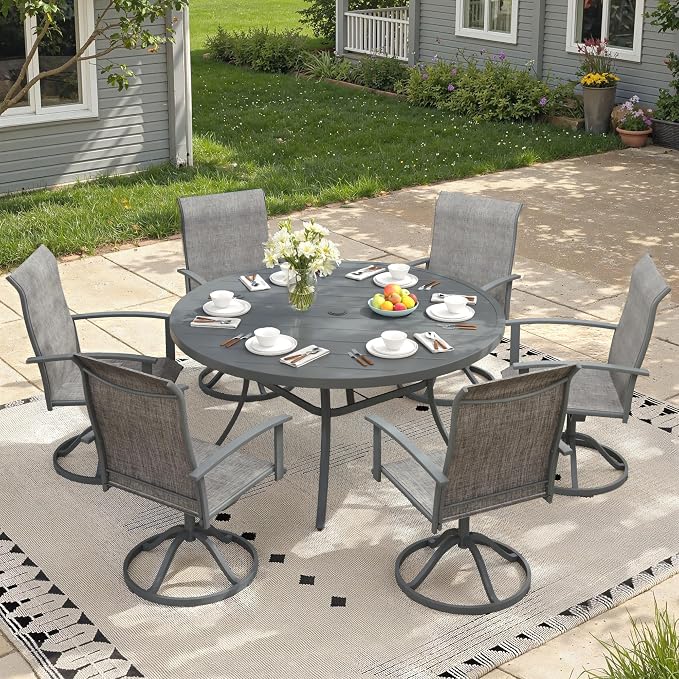 Outdoor Dining Table for 6, 50" Round Outdoor Table with Adjustable Umbrella Hole, All-Weather Metal Patio Dining Table for Lawn Garden Backyard Deck, Dark Grey