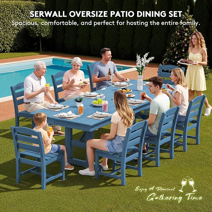 SERWALL Outdoor Armless Dining Chairs Set of 2, All-Weather HDPE Patio Chair with 19.7" Widened Seat, for Backyard, Garden, Blue