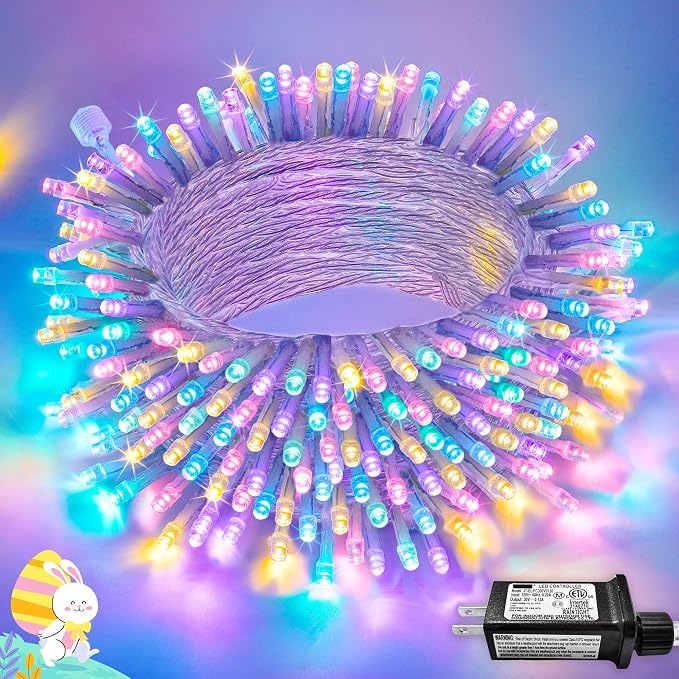 JMEXSUSS 33ft 100 LED Easter Lights for Indoor Outdoor Use | 8 Modes Connectable Easter String Lights Plug-in, Clear Wire Colorful Christmas String Lights Outdoor Waterproof