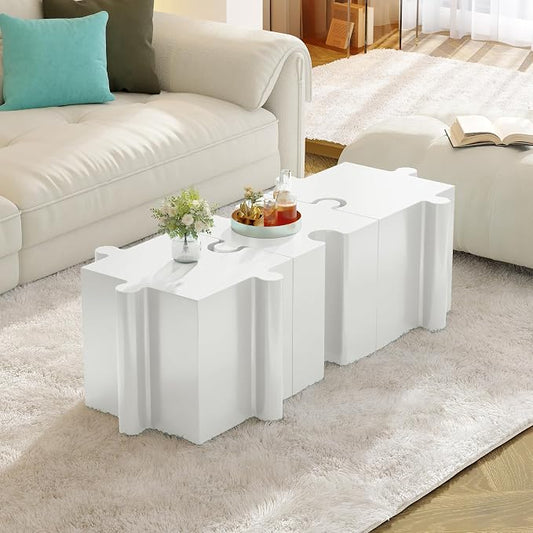 Christopher Knight Home Daton 3 Piece Interlocking Outdoor Side Table Set, Modular Lightweight Concrete Coffee Table, Convertible MGO End Table for Indoor&Outdoor, Design for Creative Set Up, White