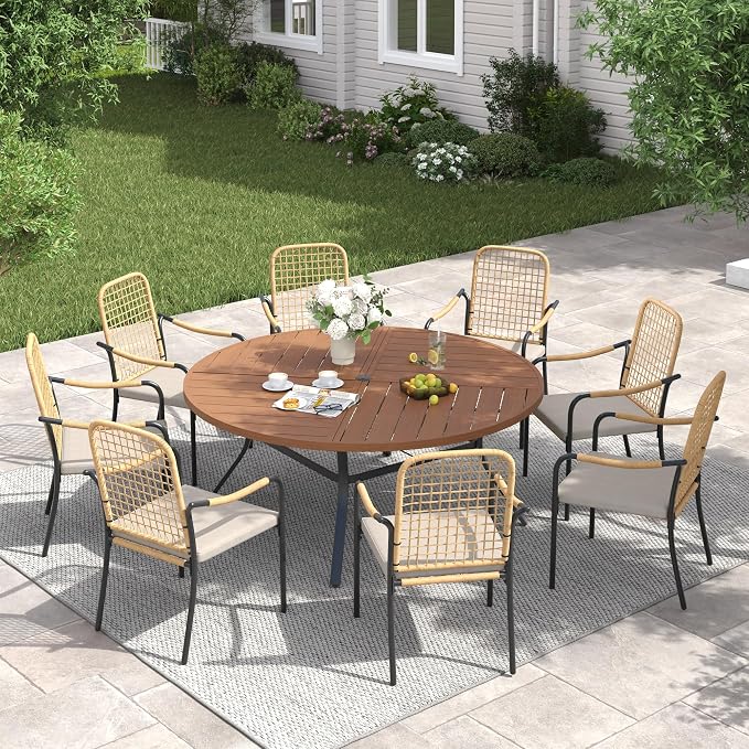 VICLLAX 53" Round Patio Table with Umbrella Hole, All Weather Metal Outdoor Dining Table for 6-8, Outside Table for Lawn Garden, Walnut Wood-Grain Finish