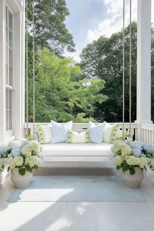 Hofdeco Premium Grandmillennial Coastal Hampton Patio Indoor Outdoor Lumbar Pillow Cover Only, 12"x20" Water Repellent for Backyard, Couch, Poolside, Green Print Block Print Striped Lily of the Valley
