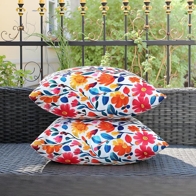 Outdoor Pillow Covers 18x18 Inch Set of 2 Floral Printed Boho Throw Pillows Cases Waterproof Square Garden Cushion Sham for Spring Summer Patio Funiture Tent Balcony Bench Sofa Couch