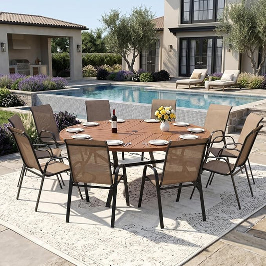 DIFY 11 Piece Outdoor Dining Set, 63" Walnut Round Metal Dining Table and Brown Textilene Stackable Patio Chairs, Patio Table and Chairs Set for 10 with Umbrella Hole for Backyard Garden Deck