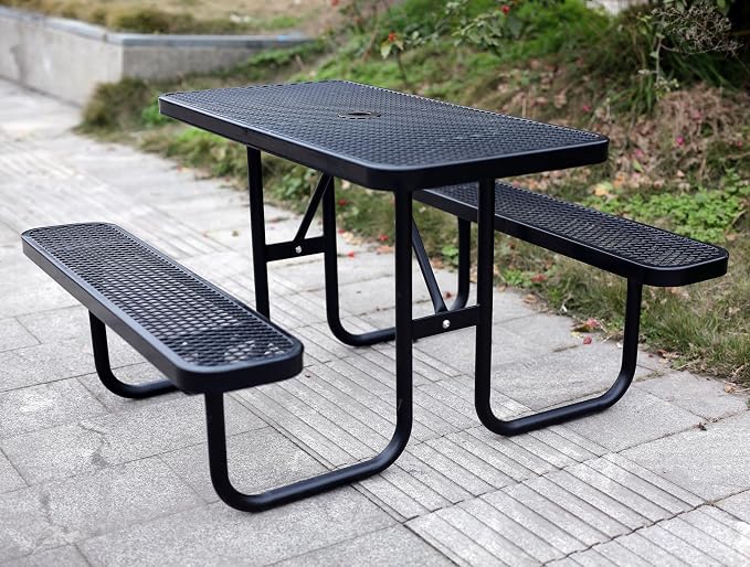 4FT Metal Picnic Tables for Outdoors, Commercial Rectangular Picnic Table and Bench Set for Outside, Patio, Garden, Backyard, Porch, Surface Mount, Black