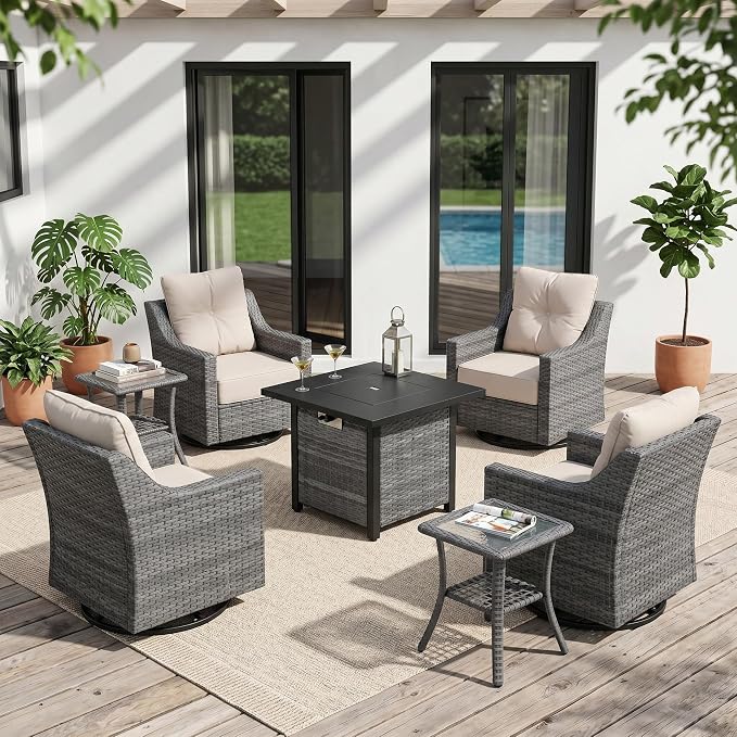 7 Piece Patio Furniture Set with 6" Thick Cushions, Weather-Resistant Wicker Swivel Rocker High Back Chairs and Fire Pit Table for Porch Yard Deck